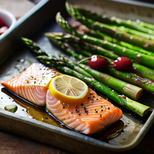 Sheet Pan Salmon and Veggies with asparagus.