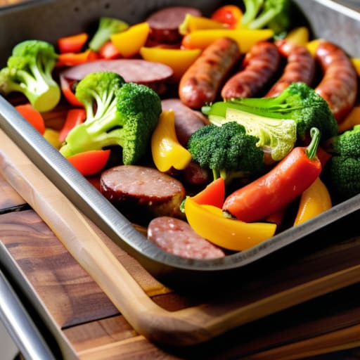 Sheet Pan Sausage and Veggies on tray.