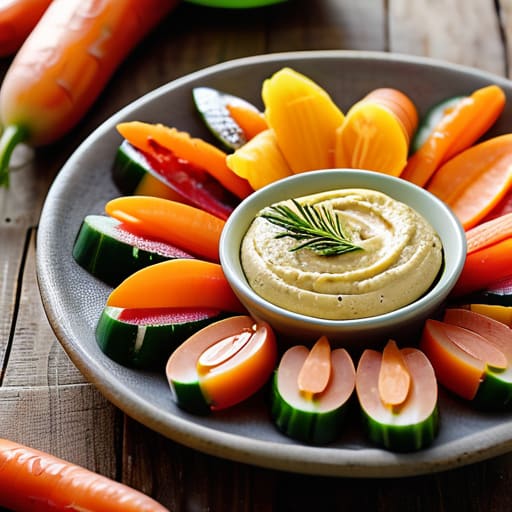 Fresh hummus and veggie sticks snack.