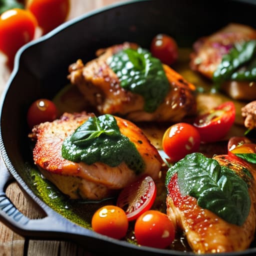 One-Pan Pesto Chicken Bliss in skillet.