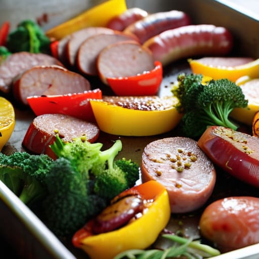 Sheet Pan Sausage and Veggies on tray.