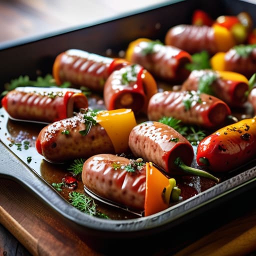 Sausage and Pepper Extravaganza in roasting pan.