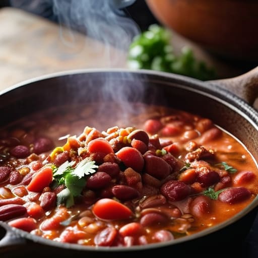 Steaming pot of Hearty Beef and Bean Chili.