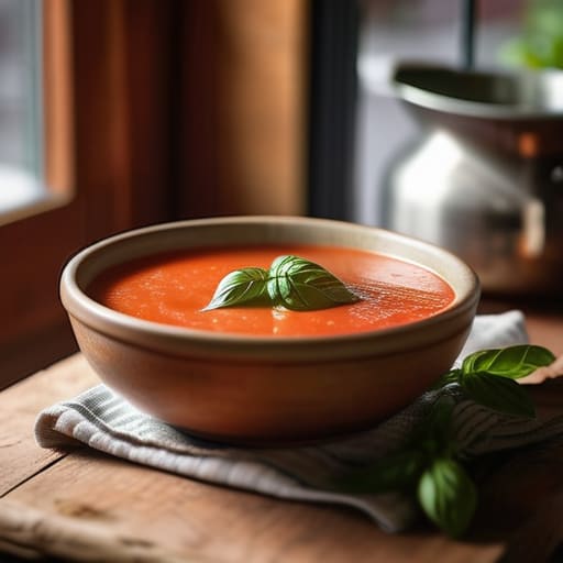Cozy bowl of Slow-Simmered Tomato Basil Soup.